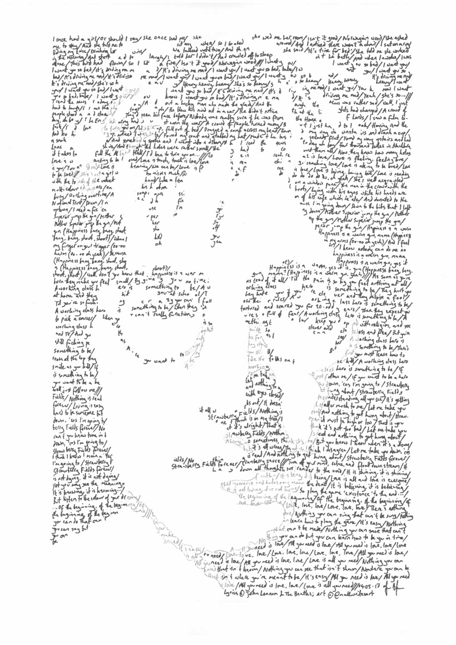 Portrait of John Lennon with singer's lyrics